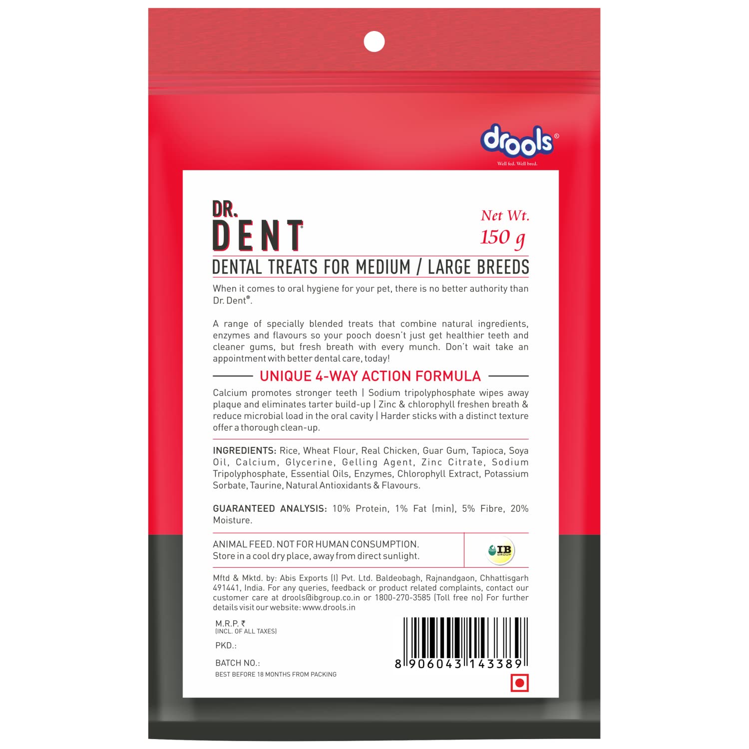 Drools Dr. Dent Oral Care Sticks (For Medium Breed Dog/ Large Breed Dog), 150G