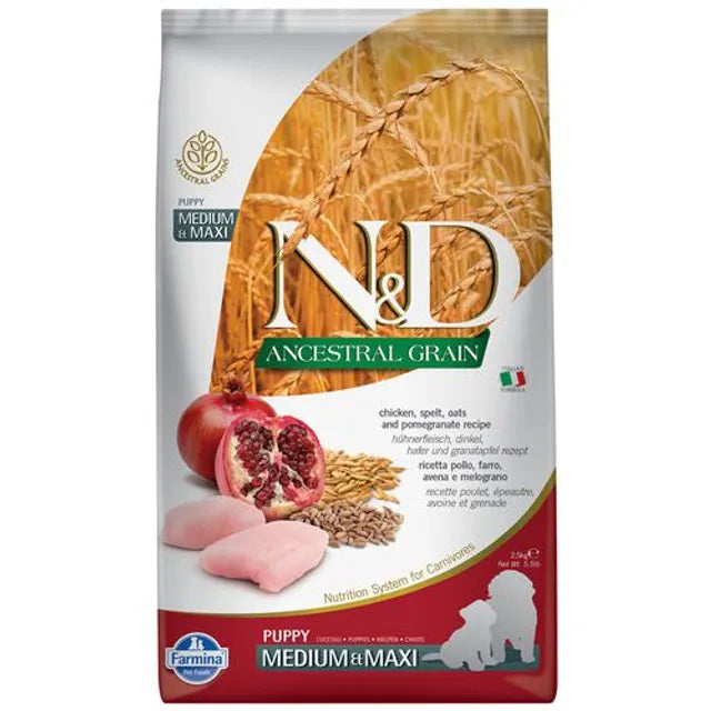 FARMINA N&D Ancestral Grain Dog Dry Food For Puppy - Chicken & Pomegranate, Medium & Maxi Breed