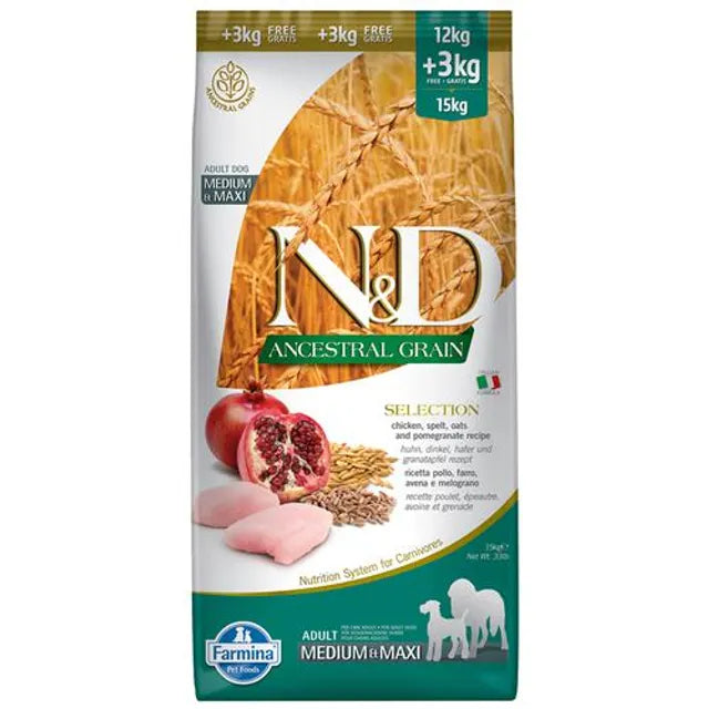FARMINA N&D Ancestral Grain Dog Dry Food – Chicken & Pomegranate, Selection, Adult- Medium & Maxi Breed, 15 kg (12 Kg + 3 Kg Free)